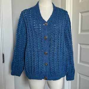 Handmade Vintage Chunky Knit Open Cardigan - Blue Green